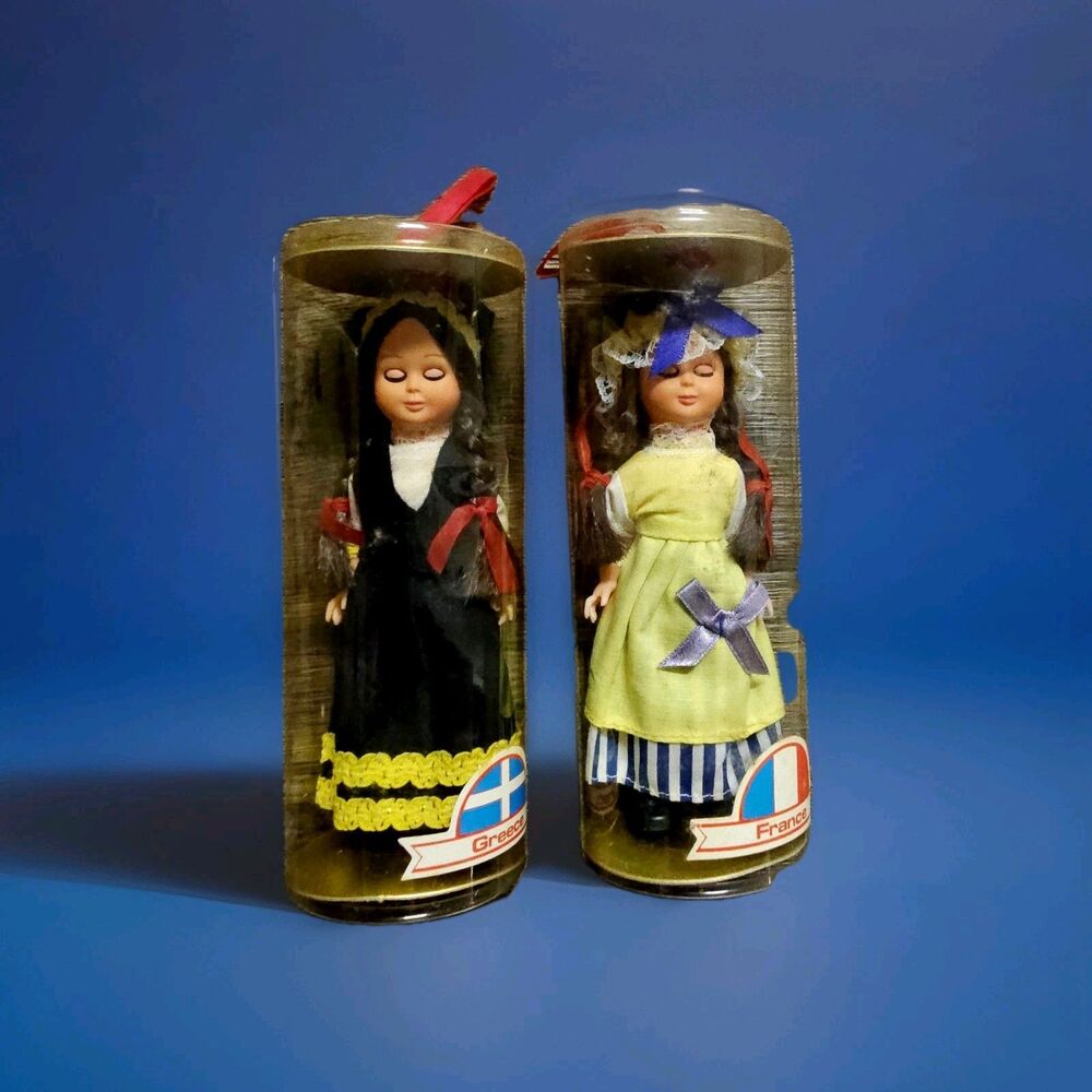 2 DOLLS 🎀 1960’s NATIONALITY DOLL  5.5” Sleeping Eyes GREECE & FRANCE Rare